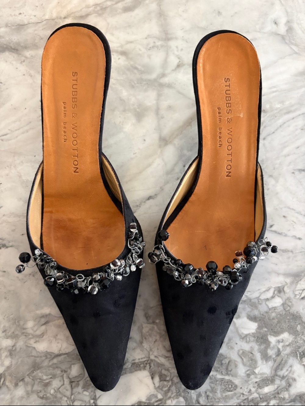 Stubbs & Wootton Black Satin, Wire/Jewel Embellished, Kitten Heel Mules, 8 1/2